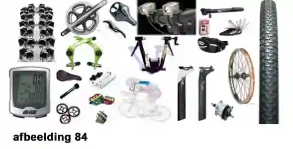 Accessoires - Afbeelding 84. Zadel, zadelpen, remmen, crankstel, verlichting, wiel, buitenband en nog meer onderdelen in de afbeelding.