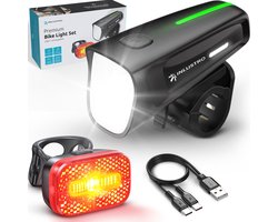 Inlustro Oplaadbaar LED Fietsverlichting Set - Met Verblindingsreductie en Remsensor - Racefiets / Wielrennen / MTB Fietslicht - Fietslamp Rood en Koplamp Wit - Voorlicht Achterlicht Fietslampjes - Waterdicht / USB-C