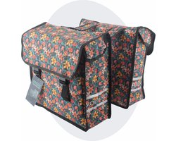 Voltano Dubbele Fietstas Floral Fiesta - Zwart Met Kleurrijke Bloemen - 38 Liter - 100% Waterdicht Polyester - Vrolijke Fietstassen