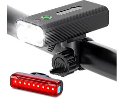 FIEZIO Fietsverlichting Set Oplaadbaar USB Led Fietslampen Voor en Achter Aluminium - IPX5 Waterproof - 4 Lichtstanden - Met Powerbank - Ook voor MTB & Racefiets Verlichting