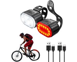 2-delig - Fietsachterlicht - Oplaadbaar nachtlampje - Zwart - Mountainbike koplamp - Superheldere verlichting - USB oplaadbaar - LED waterdicht - Fiets voor- en achterlichtset