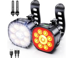Sounix Fietsverlichting USB oplaadbaar - 8+7 Lichtstanden - IP65 Waterdicht - Voorlicht & Achterlicht - Led Fietslamp - Valbestendig - Koplamp fiets - Fietslampjes - Fietslichten - Zwart
