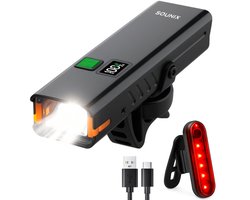Sounix Fietsverlichting USB oplaadbaar - Waterdicht - Voorlicht en Achterlicht - 1200 Lumen Led Fietslamp - batterij LED-display - Valbestendig - Koplamp fiets - Fietslampjes - Zwart