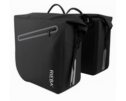 Rieba® Dubbele Fietstas 46 Liter Rolltop - Zwart - Hoogwaardig Materiaal - 100% Waterdicht - Moderne Uitstraling - Universele Bevestiging - Reflectie - Extra Voorvak - Fietstassen Stadsfiets en Elektrische Fiets