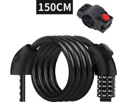 Fietsslot - Cijferslot - Kabelslot - Slot - 12 MM x 150 CM - Zwart - Framehouder - 5-cijferige combinatieslot - Eigen code instelbaar
