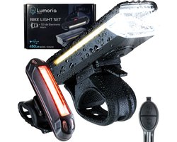 LUMORIA LED Fietsverlichting Set - USB Oplaadbare Fietslampen Voor en Achterlicht - Fietslamp Wit Voorlicht 450 Lumen en Rood Achterlicht 110 Lumen - Waterdichte Fiets Lamp - Waterbestendige Fietslampjes - Koplamp Voorlamp Achterlamp - Fietslamp set