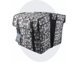 Voltano Dubbele Fietstas XXL - Midnight Blossom - Zwart Met Witte Bloemen - 60 Liter - Waterdicht - Universele bevestiging - Grote Fietstassen Elektrische Fietsen - 43 x 22 x 46 CM