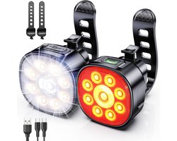 Fietslamp - [8+7 standen] - Oplaadbaar via USB - Voor- en achterlicht voor de fiets - Superheldere, krachtige sportachterlichtmontage - IP65 waterdichte fietslamp - Geschikt voor veiligheid op de weg, in de bergen, overdag en 's nachts fietsen - Zwar