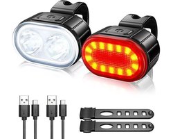 Fietslamp - LED-fietslamp - USB-oplaadbaar - Lange batterijduur - Met knipper- of continu brandende stand - Waterdichtheid IPX4 - Fietslamp - Voor- en achterlicht voor mountainbike - Nachtverlichting - Zwart