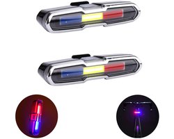 2-Stuks - Fiets Achterlicht - Ultra Helder USB Oplaadbaar Hoog LED Achterlicht - Fietsaccessoires voor Fietsen en Mountainbikes - Rood + Blauw + Wit - Waterdicht - Eenvoudig te Monteren - Veiligheid voor Nachtelijk Fietsen