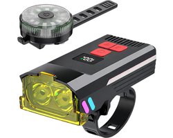 LUMORIA LED Fietsverlichting Set met Geellicht functie - Met Digitaal Batterijdisplay en Toeter - USB-C Oplaadbare Voorlicht 300 Lumen en Achterlicht - Waterbestendig - Fiets Gadgets - Fietslampjes - Koplamp Voorlamp Achterlamp - Fietslamp set