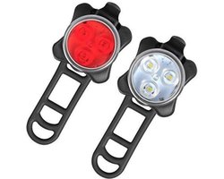 Fietsverlichting USB oplaadbaar - LED verlichting - 4 modes - Waterbestendig - Fietslicht - Fietslampjes - Voorlicht - Acht - Waterdicht - Inclusief USB Kabel en Siliconen Bevestigingsriemen - voor mountain fietsen of stadsfietsen - Wit & Rood