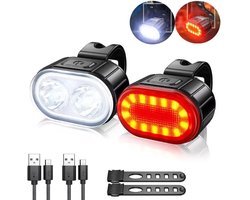Rieba® Fietsverlichting USB Oplaadbaar - Verlichtingsset Fiets - Koplamp 4 Lichtstanden - Achterlamp 6 Lichtstanden - LED Fietslamp - Fietslampjes - Fietslichten - Waterdicht IPX6 - Valbestendig - 2-Delig - Inclusief Kabels - Wit - Rood