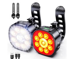 JustValue Fietsverlichting - USB oplaadbaar - Voorlicht & Achterlicht - 8+7 Lichtstanden - IP65 Waterdicht - Led Fietslamp - Valbestendig - Koplamp fiets - Zwart